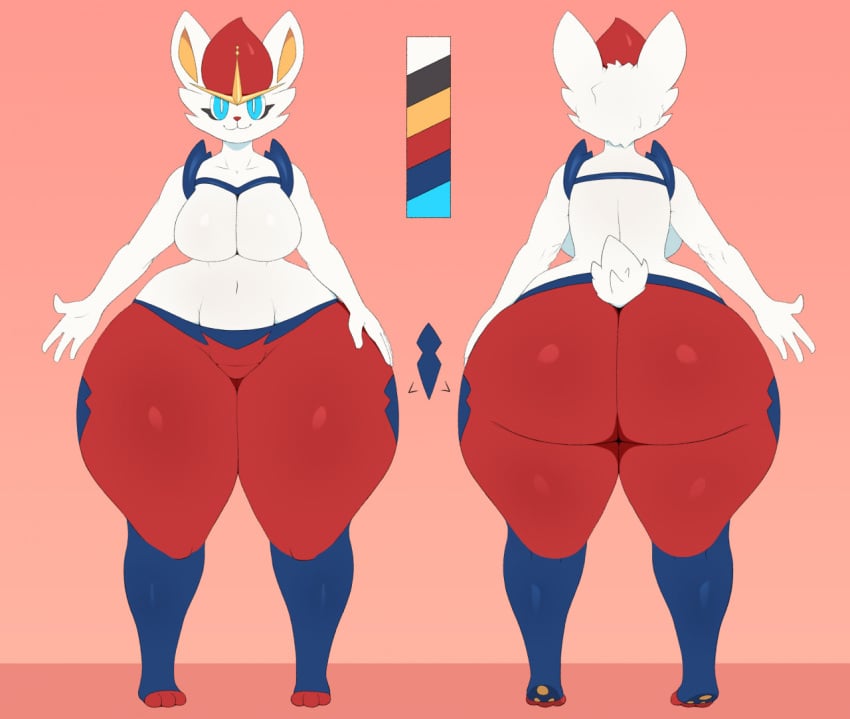 anthro ass big_breasts big_butt blue_eyes bottomwear breasts cinderace clothing featureless_breasts female generation_8_pokemon hand_on_hip hi_res huge_butt huge_hips huge_thighs kkoart looking_at_viewer model_sheet navel nintendo no_nipples pants pokemon pokemon_(species) pupils smile solo thick_thighs video_games white_body white_pupils wide_hips