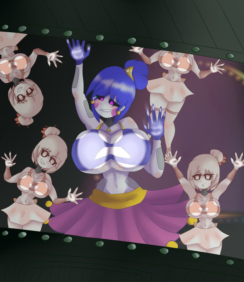 ballora ballora_(fnafsl) big_breasts biting_lip black_sclera blue_hair blush clothed clothed_female earrings five_nights_at_freddy's five_nights_at_freddy's:_sister_location five_nights_in_anime full_comfort gloves hair_bun large_breasts minireena multiple_girls pink_eyes pressing_breasts sister_location skirt