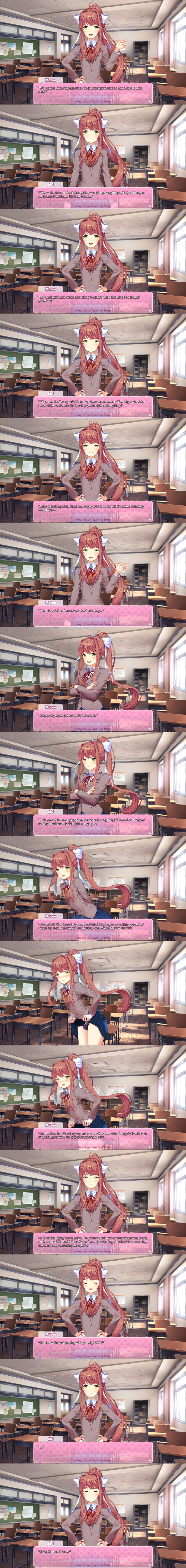 1boy arm_up arms_crossed biting_lip biting_own_lip blue_skirt blush bow brown_hair bulge classroom closed_eyes closet crossdressing crossdressing_male crossed_arms ddlc_text_box desk desks dialogue dialogue_box doki_doki_literature_club femboy grabbing_skirt green_eyes hand_on_hip hands_on_hips holding_skirt lifting_skirt long_hair looking_at_viewer male mc_(doki_doki_literature_club!) mini_comic monika_(doki_doki_literature_club) no_background open_mouth panel panels panties panties_visible ponytail purple_panties reitanna-seishin rule_63 school_uniform seductive seductive_eyes seductive_gaze seductive_look seductive_smile skirt skirt_lift skirt_lifted_by_self solo text text_box trap uniform white_bow windows