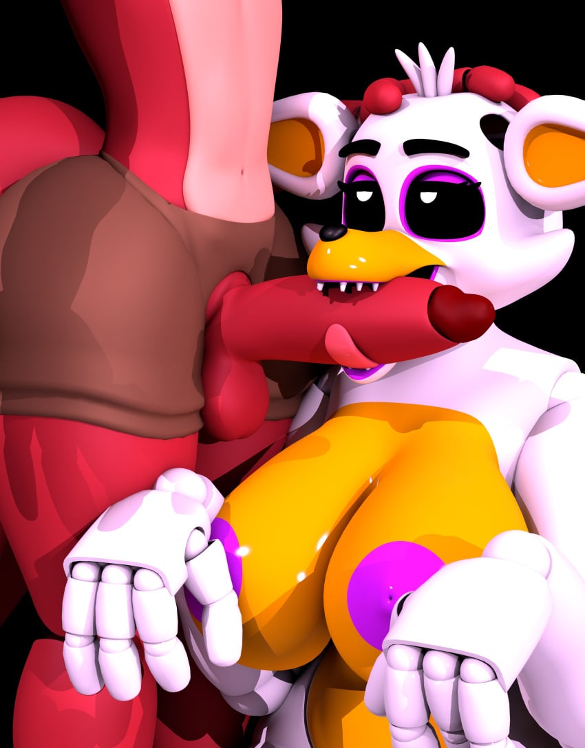 2022 3d 3d_(artwork) absurd_res animatronic anthro balls big_breasts big_nipples black_background black_nose black_sclera bottomwear breasts brown_bottomwear brown_clothing brown_shorts canid canine clothing digital_media_(artwork) duo eyeshadow fangs female five_nights_at_freddy's five_nights_at_freddy's_world fox foxy_(fnaf) genitals geometryboymejia half-closed_eyes hand_on_head hi_res huge_breasts licking lips lolbit_(fnaf) machine makeup male mammal multicolored_body narrowed_eyes nipples oral penile penis penis_lick purple_eyeshadow purple_lips purple_nipples red_body robot scottgames sex shorts simple_background straight tongue tongue_out video_games white_body white_eyes yellow_body