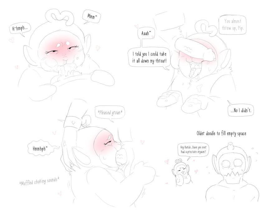 1boy 1boy1girl 2d 2d_(artwork) 2d_artwork anthro anthro_on_anthro bardo_(ruption_shine) blush blush chubby chubby_female couple couple_(romantic) cum cum_in_mouth cumshot cumshot_in_mouth cumshot_on_face dewlap_(anatomy) dialogue female head_grab heart heart humanoid_genitalia humanoid_penis nervous penis penis_covering_eyes pippy_(rosebud) pov pov_eye_contact rcsebud sharp_teeth sheath slendytubbies slendytubbies_3 slendytubbies_oc speech_bubble sweat sweating tears tears_in_eyes teletubbies throat_fuck throat_penetration
