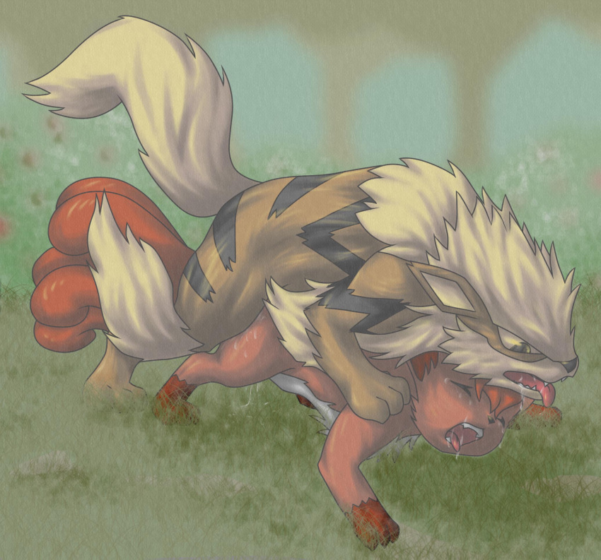 2008 9_6 arcanine canine closed_eyes cum female feral feral_on_feral forest fox from_behind grass hi_res kitsune male multiple_tails nintendo outdoors pokemon pokemon_(species) pokemon_rgby red_fur saliva straight stripes tail tongue vulpix