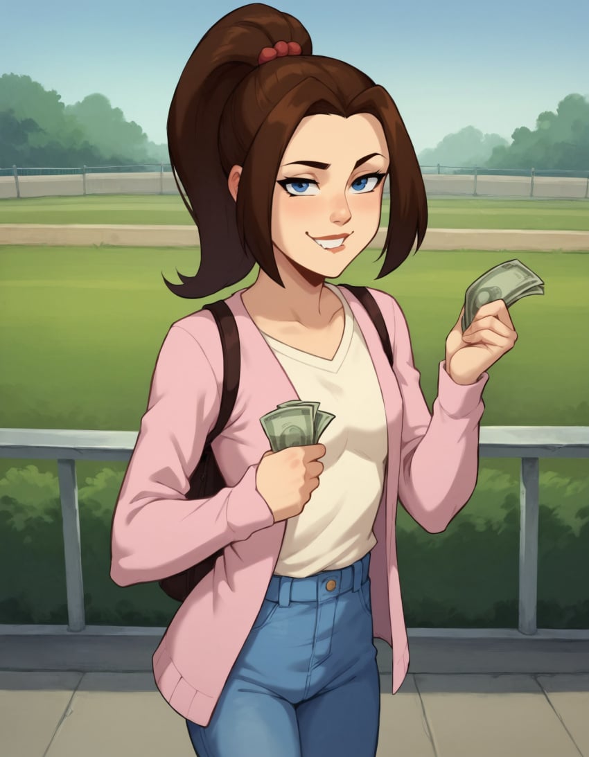ai_generated bratty brown_hair candy_boi_commission female femdom findom jewish jewish_female kitty_pryde lymiu marvel marvel_comics money mutant_(marvel) pink_shirt ponytail pov schoolgirl shadowcat teenage_girl teenager white_shirt x-men x-men_evolution