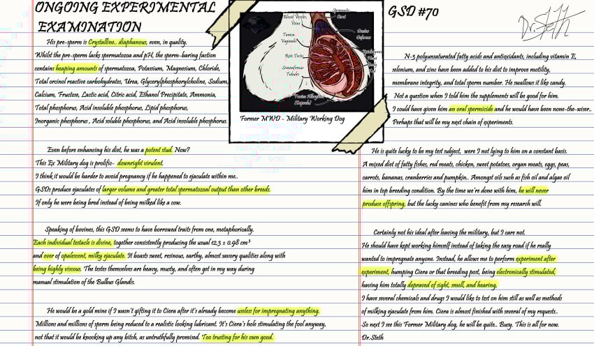 absurd_res anatomically_correct anatomically_correct_balls anatomically_correct_genitalia breeding_kink canid canine canis castration degradation diagnostics diagram document documentary domestic_dog english_text examination experimental feral genitals german_shepherd gore herding_dog hi_res highlighted_text male mammal medical medical_examination medical_play paper pastoral_dog science scientific_experiment scientist solo story text yonnixart