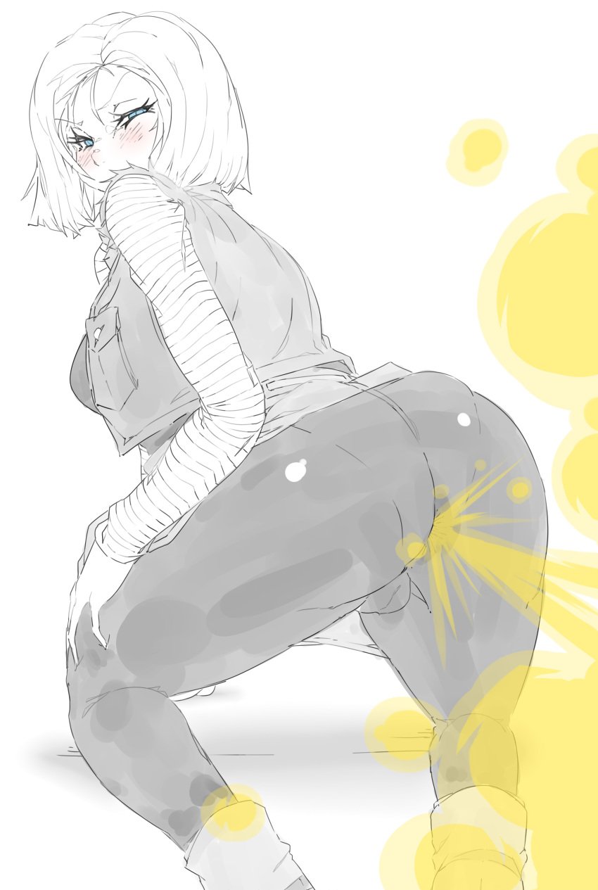 1girls android_18 ass big_ass big_butt blue_eyes blush dragon_ball dragon_ball_z fart fart_cloud fart_fetish farting female lazei looking_at_viewer looking_back looking_back_at_viewer rear_view shoulder_length_hair shounen_jump sketch solo_female uncolored viewed_from_behind