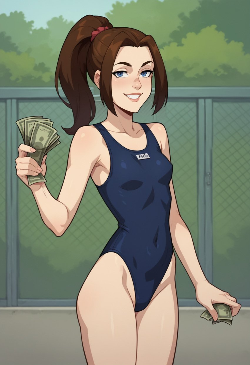 ai_generated bathing_suit bratty brown_hair bullying candy_boi_commission female femdom findom jewish jewish_female kitty_pryde lymiu marvel marvel_comics money mutant_(marvel) ponytail pov schoolgirl shadowcat smug_face swimsuit swimwear teenage_girl teenager x-men x-men_evolution