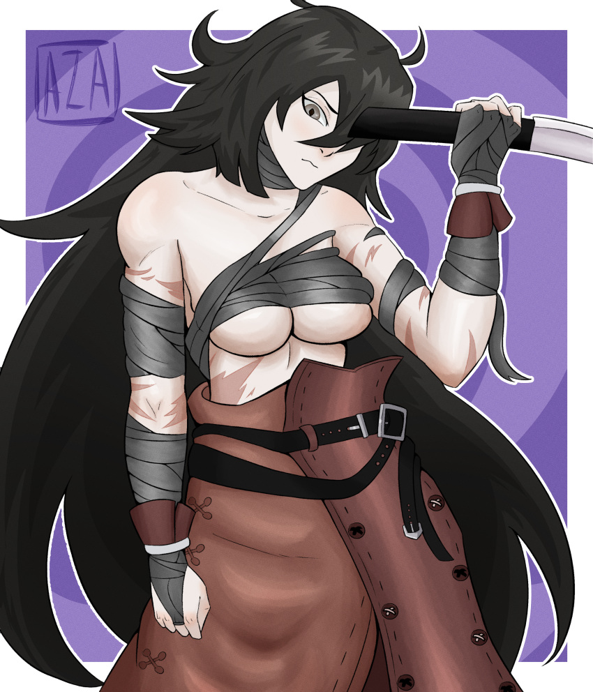 1girls aza19 bandaged_chest bandages big_breasts breasts dark_hair fanart_from_twitter female female_only green_eyes katana long_hair purple_background solo solo_female