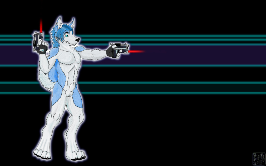 1boy anthro balls blue_eyes canine celestine code_strike codestrike dog fur furry grin gun hi_res husky male male_only nude pistol sheath solo standing wallpaper weapon