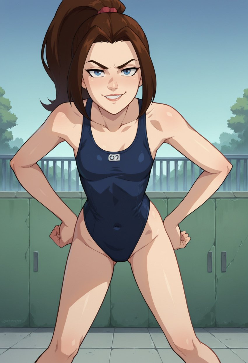 ai_generated bathing_suit bratty brown_hair bullying candy_boi_commission female femdom hands_on_hips jewish jewish_female kitty_pryde lymiu marvel marvel_comics mutant_(marvel) ponytail pov schoolgirl shadowcat swimsuit swimwear teenage_girl teenager x-men x-men_evolution