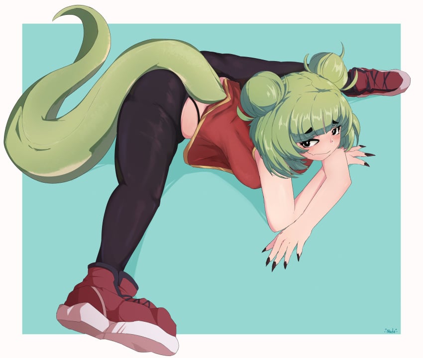 ass_lift big_ass big_breasts big_butt big_thighs black_eyes breasts chinese_clothes dragon dragon_girl dragon_tail female footwear green_hair leggings leggings_spats nade_arts shoes short_hair smug smug_face smug_grin spread_legs tennis thick thick_ass thick_butt thick_legs thick_thighs