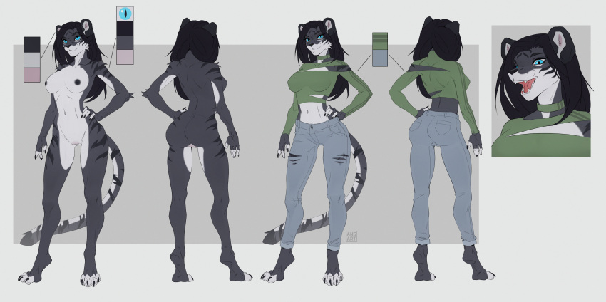 absurd_res ansart anthro athletic black_nipples blue_eyes bottomwear close-up clothed clothing denim denim_bottomwear denim_clothing felid female fur grey_body hi_res jeans mammal markings model_sheet nipples nude pants solo standing tail white_body white_fur