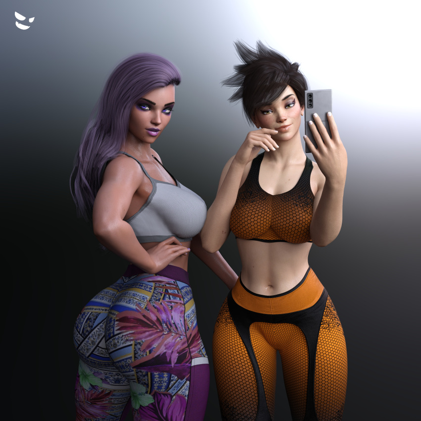 2girls 3d back_view big_ass big_breasts blizzard_entertainment bubble_ass camouflage_pants cellphone dark-skinned_female dat_ass female female_only gm_studios light-skinned_female overwatch purple_hair round_ass solo_female sombra sports_bra thick_thighs tight_pants tracer yoga_pants