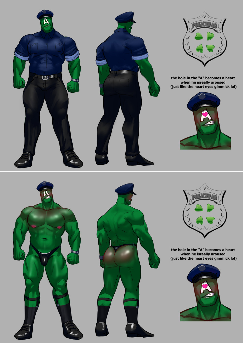 1boy blush bulge bulge_through_clothing butt clothed clothing gay green_body green_skin hat male male_only muscular muscular_male nipples original_character pants partially_clothed pecs shirt solo solo_focus tonitrvvm