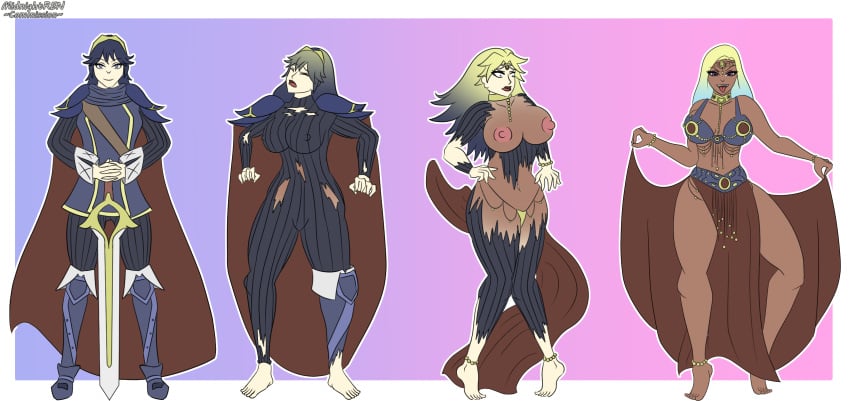 anklet bimbo bimbofication erect_nipples female fire_emblem fire_emblem_awakening harem_outfit large_breasts lucina_(fire_emblem) midnightren nintendo smile solo source_request sword tongue_out transformation