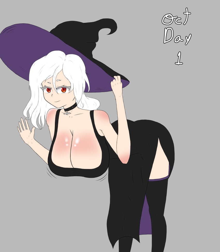 1girls big_breasts black_dress choker cleavage clothed_female female female_only fumiko_(hoonter) halloween hat hoonter large_breasts light-skinned_female light_skin no_shading oc red_eyes solo split_dress thighhighs thighs white_hair witch witch_hat