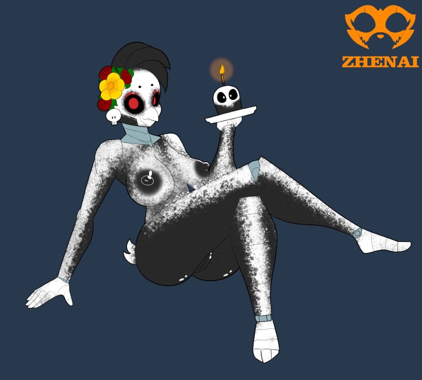 2020 accessory animatronic anthro avian bird black_body black_sclera bodypaint candle catrina_toy_chica chicken cupcake day_of_the_dead dia_de_los_muertos digital_drawing_(artwork) digital_media_(artwork) face_paint feathers female fire five_nights_at_freddy's five_nights_at_freddy's_2 five_nights_at_freddy's_ar flower flower_in_hair food galliform gallus_(genus) genitals hair hair_accessory hi_res holding_plate machine nipples phasianid plant pupils pussy red_pupils robot scottgames simple_background skull_accessory smile solo tail_feathers toy_chica_(fnaf) video_games white_pupils zhenai