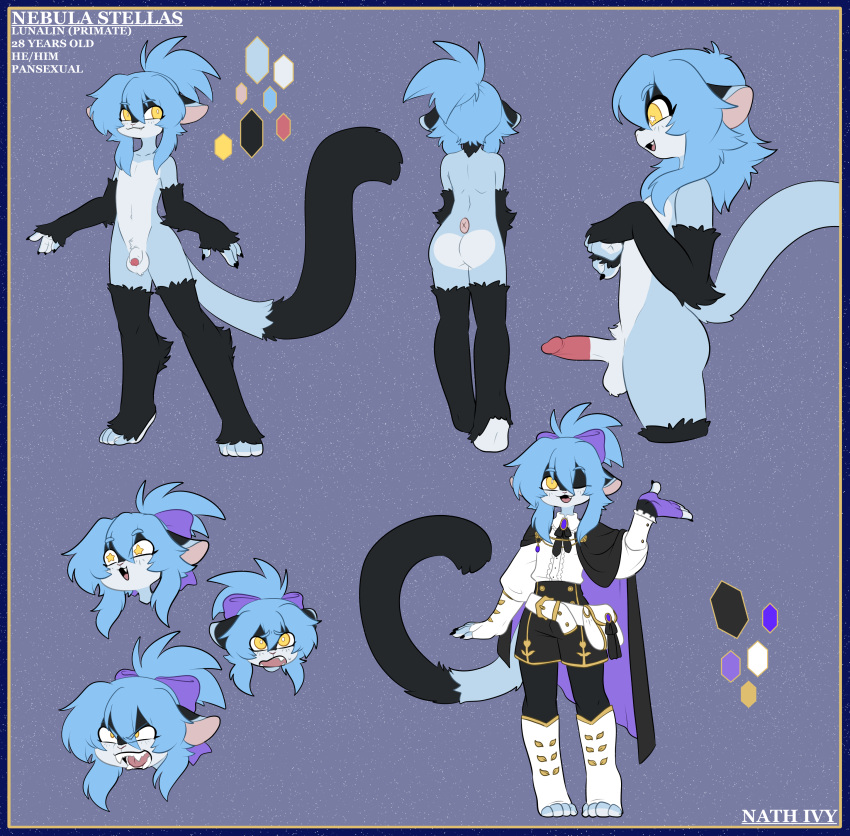 absurd_res anthro ass balls blue_body blue_fur blue_hair clothed clothing color_swatch facial_expressions fur genitals hair haplorhine hi_res humanoid long_tail lunalin male mammal model_sheet monkey nathivy nebula_stellas nude original_characters penis primate solo yellow_eyes