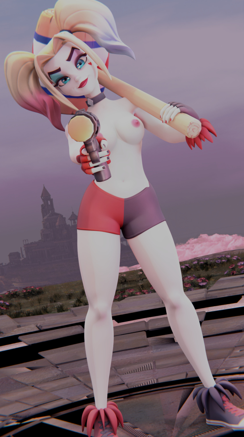 3d 3d_(artwork) baseball_bat batman_(series) blender blender_(software) blender_cycles blonde_hair blue_eyes bottomwear breasts casual choker clothing dc dc_comics dyed_hair female firearm footwear gloves gun hammer handgun handwear harley_quinn harley_quinn_(multiversus) human legwear lipstick makeup mallet multiversus neckwear ns1124 pale_skin platform pop_gun revolver shoes shorts shorts_only weapon white_skin