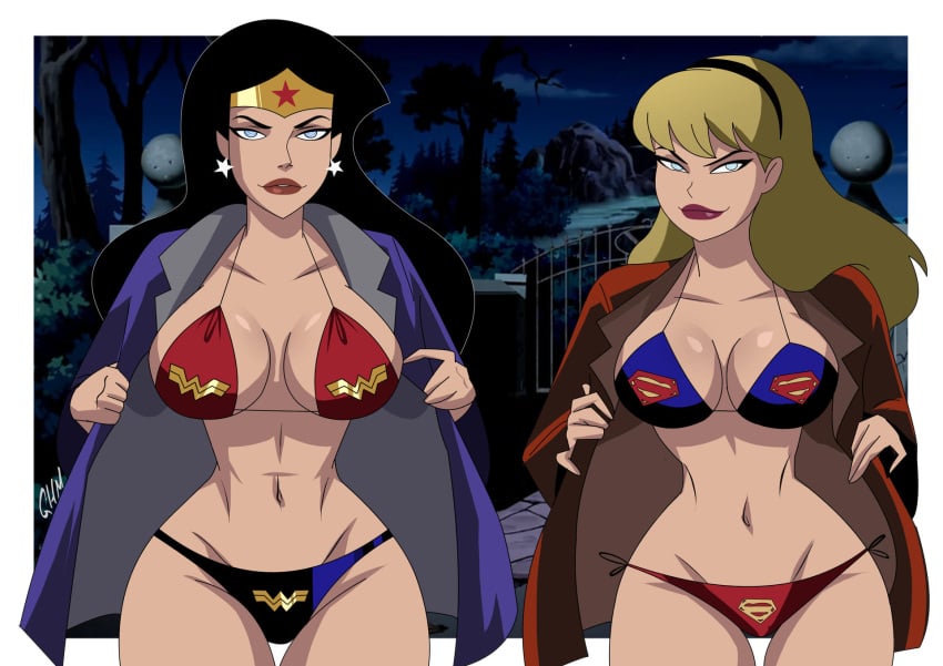 2022 2d 2d_(artwork) 2girls accurate_art_style artist_name big_breasts bikini black_hair blonde_hair blue_eyes busty dc dc_comics dcau exhibitionism exhibitionist female female_only flashing ghostlessm headband huge_breasts justice_league justice_league_unlimited kara_zor-el kryptonian large_breasts light-skinned_female light_skin logo_panties looking_at_viewer multiple_girls navel older_woman_and_teenage_girl open_coat outdoors panties pelvic_lines print_panties public public_nudity star_earrings supergirl superhero superheroine superman:_the_animated_series superman_(series) thick_lips thick_thighs thigh_gap thin_waist voluptuous voluptuous_female wide_hips wonder_woman wonder_woman_(series)