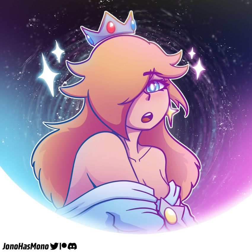 breasts exposed_shoulders eyelashes hair_over_one_eye jonohasmono mario_(series) nintendo one_eye_covered one_eye_obstructed princess_rosalina shoulders sparkle sparkles star stars super_mario_galaxy tiara