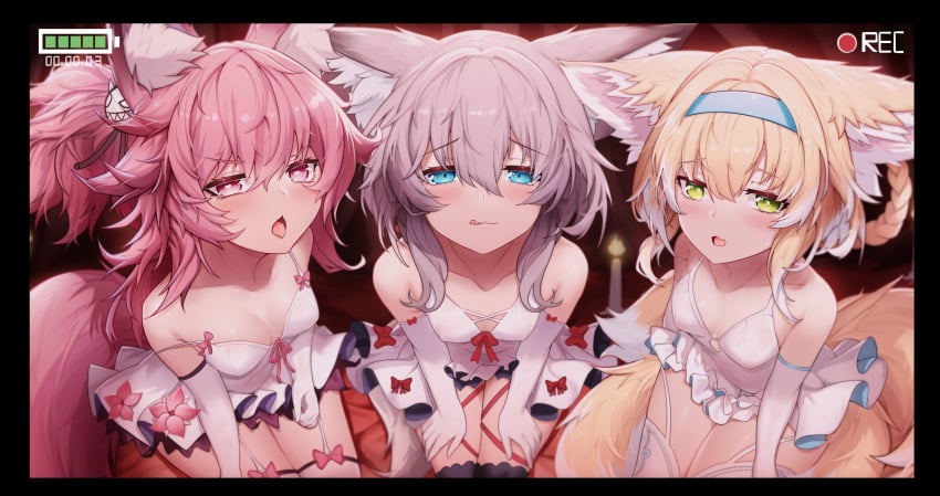 3girls absurd_res animal_ears arknights blonde_hair blue_eyes blurred_background blush breasts camera_view candle cat_ears catgirl ddddecade female_focus garter_straps green_eyes grey_hair hair_ornament heart-shaped_pupils looking_at_viewer nekomimi nipples nipples_visible_through_clothing open_mouth pink_eyes pink_hair ponytail recording see-through_clothing shamare_(arknights) skirt sussurro_(arknights) suzuran_(arknights) tail young