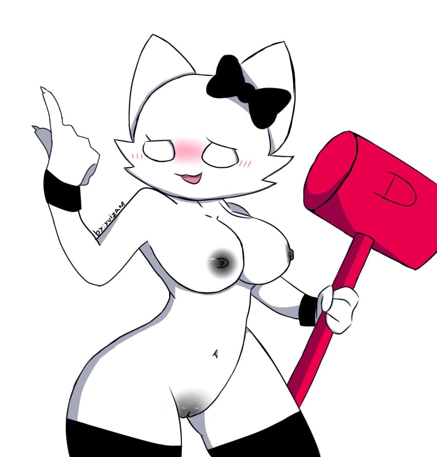 2026 accesory anthro areola big_breasts black_accessory black_areola black_bow_tie black_bracelet black_clothing black_legwear black_nipples black_vulva blush bow_tie bracelet breasts claws clothing colored domestic_cat felid feline felis female fur genitals hammer hi_res jewelry katmin_(pursuitcore) legwear lolcat_(species) mammal nipples no_pupils open_mouth open_smile pinup pose pursuitcore smile solo standing tools vulva white_body white_eyes white_fur wide_hips yuizam