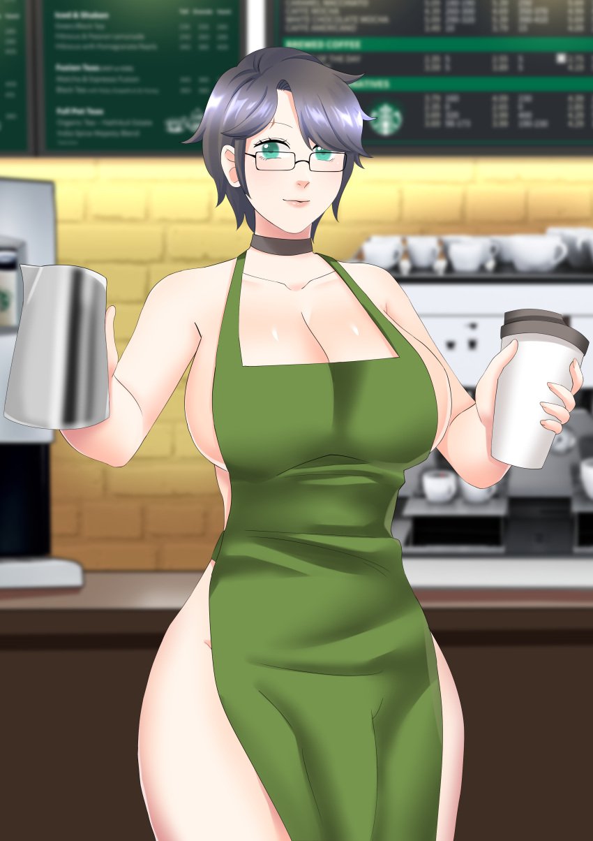 1futa apron apron_only balisk_oc barista big_breasts breasts brown_eyes brown_hair bulge bulge_through_clothing choker cleavage clothed clothing dani_(balisk) dani_(balisk)_(futa) flaccid futa_only futanari glasses human iced_latte_with_breast_milk intersex light-skinned_futanari light_skin looking_at_viewer meme millefleur mostly_nude naked_apron short_hair solo standing starbucks starbucks_barista