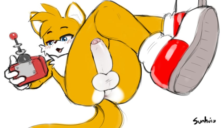 anus balls blush casual clothing erection exposed_torso feminine_tails footwear footwear_only foreskin genitals handwear hi_res male mostly_nude orange_body penis perineum sega shoes solo sonic_(series) sonic_the_hedgehog_(series) sunhuiz tails white_balls white_penis