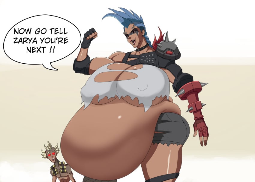 belly big_belly big_breasts blue_hair breasts dialogue female huge_belly huge_breasts junker_queen junkrat larger_female male melkyda mohawk nipple_bulge overwatch overwatch_2 size_difference text vore