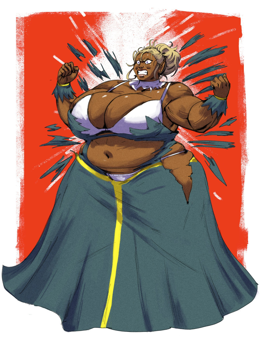 1girls bbw biceps blonde_hair bra dark-skinned_female dress fat flexing huge_breasts muscular muscular_female original_character panties pointy_ears redblacktac strongfat tearing_clothes thick_thighs torn_clothes torn_dress white_hair