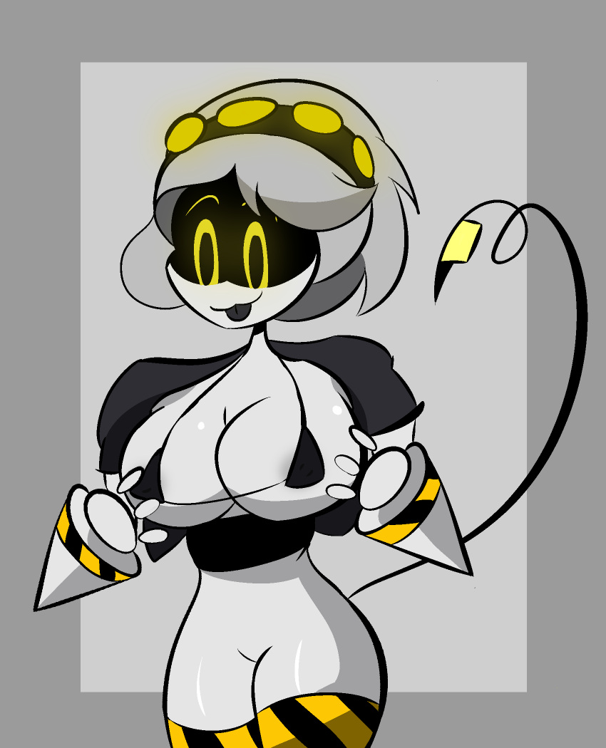 1girls alternate_version_available covered_nipples female_only jacket looking_at_breasts looking_at_self makiro69 murder_drones robot robot_girl robot_humanoid short_hair solo_female solo_focus standing stockings tail undressed undressing v_(murder_drones) yellow_eyes