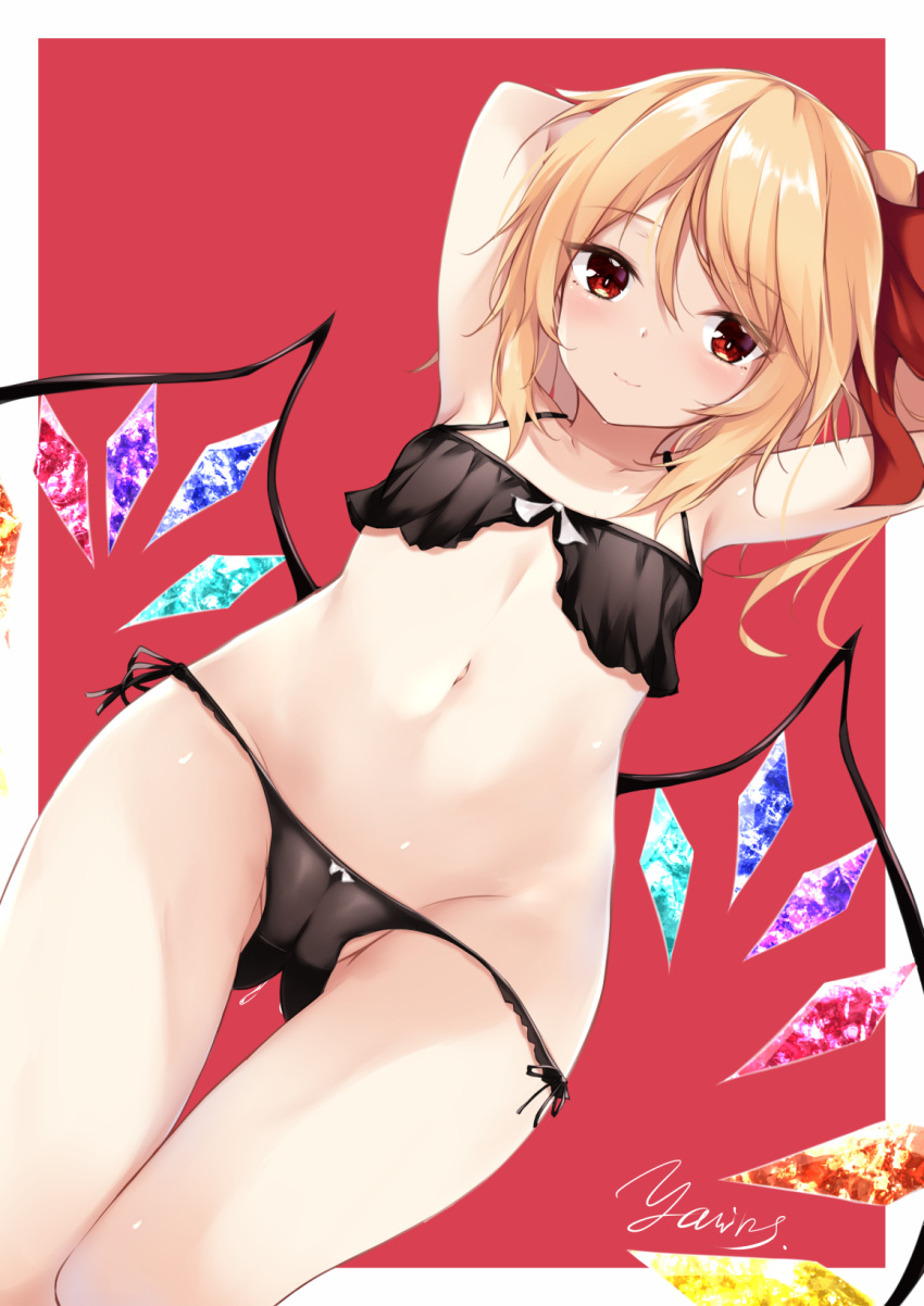 armpits bad_perspective black_bra black_panties blonde_hair bra breasts cowboy_shot female flandre_scarlet from_below highres kashiwagi_yamine knees_together_feet_apart looking_at_viewer navel no_headwear panties red_eyes side-tie_panties smile solo touhou underwear wings