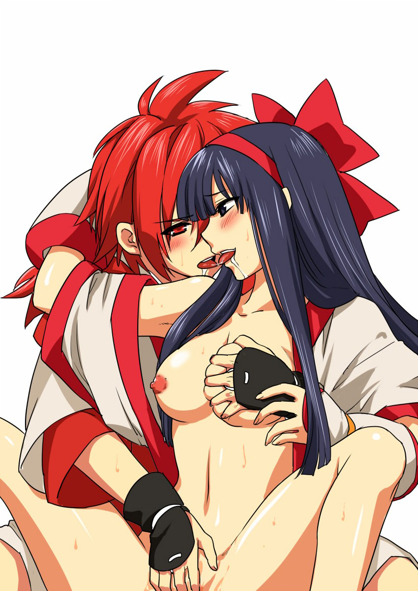 1boy 1girls ainu_clothes arm_around_neck big_breasts blush breast_grab breasts busty female fingering fingerless_gloves french_kiss gloves grabbing hair_ornament hair_ribbon highres kissing large_breasts legs long_hair looking_pleasured male nakoruru navel nipples purple_eyes purple_hair pussy red_eyes red_hair ribbon saliva saliva_trail samurai_shodown shizumaru_hisame sitting smile snk spread_legs sweat thighs tongue tongue_out