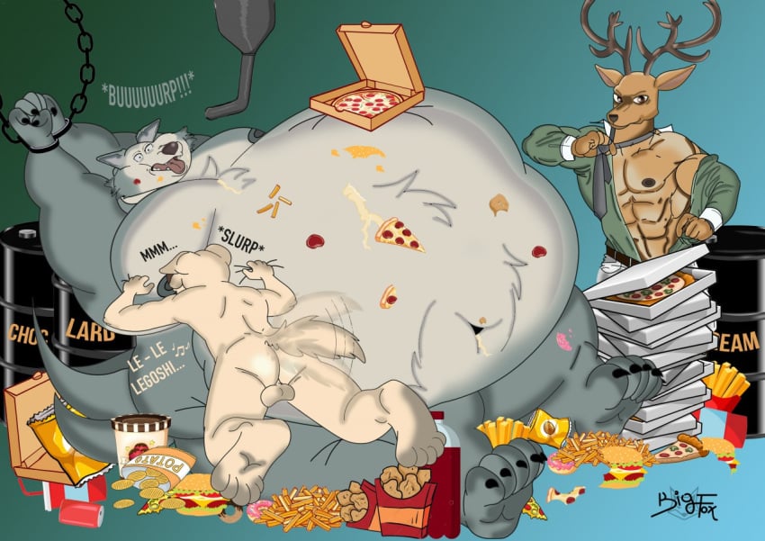 anthro antlers balls barrel beastars beverage bigfox71 bird_dog bodily_fluids bound burger canid canine canis cervid chained chains chicken_meat chicken_nugget chips_(food) clothing cream_(food) cum dessert domestic_dog feeding_tube food fries genital_fluids genitals group horn humanoid_hands hunting_dog ice_cream jack_(beastars) labrador legoshi_(beastars) louis_(beastars) male male/male mammal meat medical_instrument messy morbidly_obese muscular nipples obese overweight paws pizza retriever scientific_instrument soda suckling tail_motion tailwag trio wolf