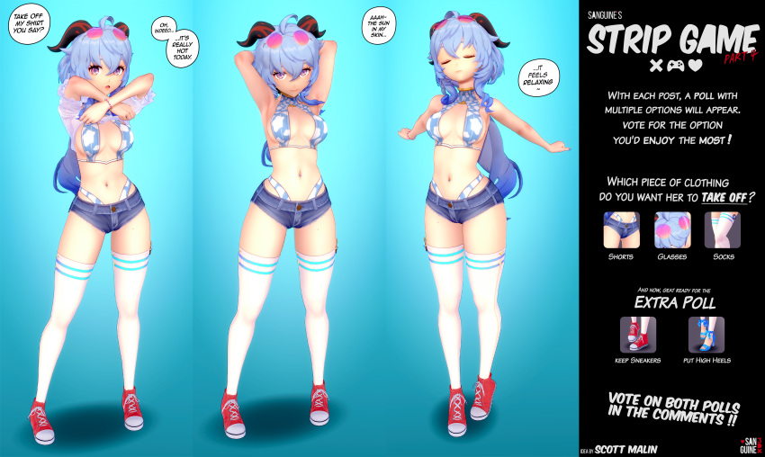 3d anime_style big_breasts big_thighs blue_hair busty dialogue dialogue_bubble ganyu_(genshin_impact) genshin_impact horn horns hot_pants hotpants koikatsu long_hair looking_at_viewer plain_background purple_eyes sanguine3dx shorts smile smiling sneakers speech_bubble strip_game sunglasses_on_head taking_clothes_off taking_off_shirt thighhighs thighs transparent_clothing undressing wide_hips