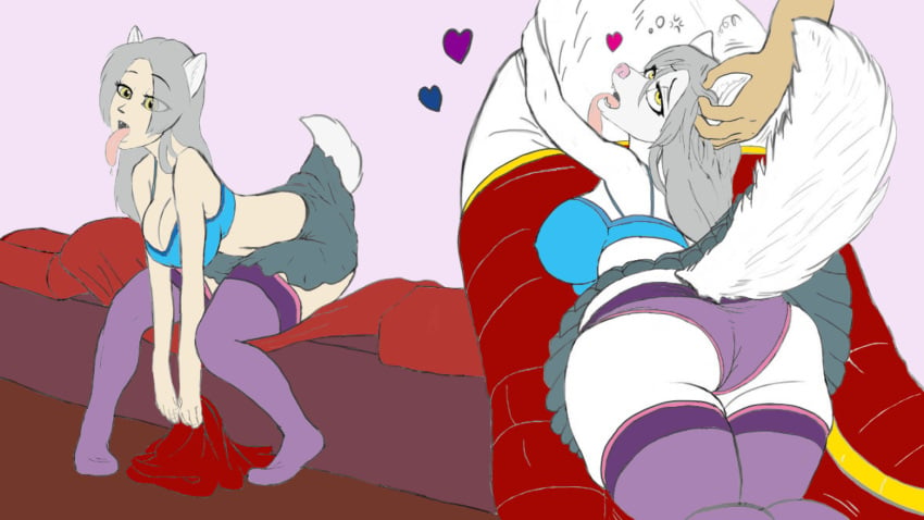 anthro bendzz canine colored female fur furry gray_hair hair head_scratch keidran leggings long_tongue naomitf pink_nose pink_tongue raine_silverlock skirt transformation twokinds white_body white_breasts white_fur wolf wolf_girl yellow_eyes