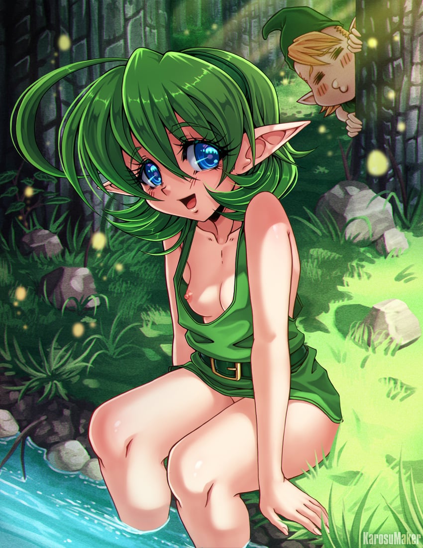 1boy 1girls ahoge areolae bangs belt blue_eyes bottomless breasts breasts_out collarbone green_dress green_hair karosu-maker karosumaker kokiri looking_at_viewer mido nipple nipple_slip no_bra no_panties ocarina_of_time peeking_out pointy_ears raised_shoulders saria shirt_down short_dress sleeveless sleeveless_dress small_breasts smiling_at_viewer the_legend_of_zelda young