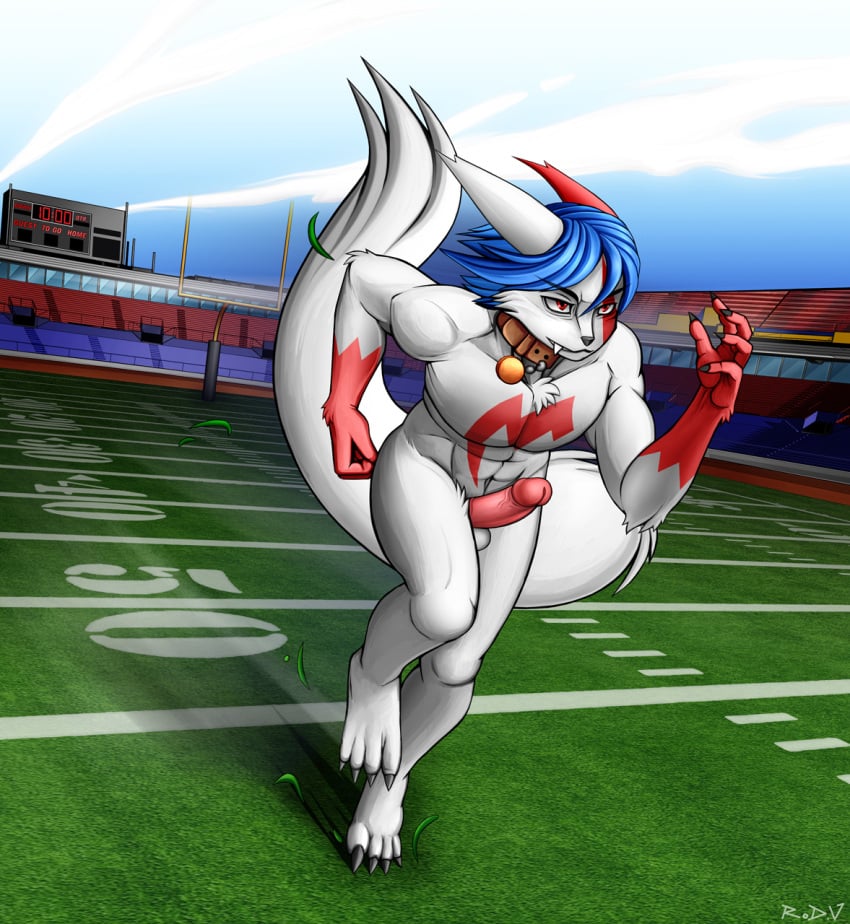 2016 4_toes 5_fingers abs anthro athletic athletic_anthro athletic_male balls blackorb00 blue_hair claws collar collar_only erection fangs feet finger_claws fingers football_field fur generation_3_pokemon genitals gloves_(marking) hair hi_res hindpaw humanoid_hands male markings navel nintendo nude outside paws penis pokemon pokemon_(species) pokemorph public public_nudity red_eyes red_markings red_penis rickey_keller running signature solo stadium survival_of_the_fittest toe_claws toes video_games white_body white_fur zangoose