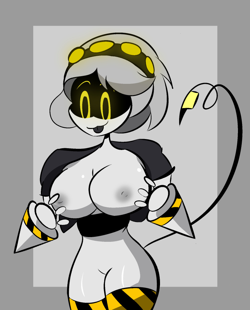 1girls alternate_version_available female_only jacket looking_at_breasts looking_at_self makiro69 murder_drones nipples robot robot_girl robot_humanoid short_hair solo_female solo_focus standing stockings tail undressed undressing v_(murder_drones) yellow_eyes