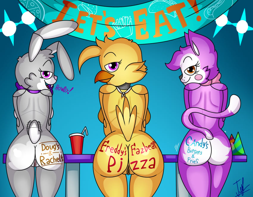 2021 animatronic anthro ass avian beak bib big_butt bird black_nose breasts brown_eyes buckteeth chica_(fnaf) chicken cindy_(fnac) clothing container cup dialogue digital_media_(artwork) domestic_cat eyebrows eyelashes fangame fazbear_fanverse felid feline felis female five_nights_at_candy's five_nights_at_freddy's furniture galliform gallus_(genus) genitals grey_body grey_hair group group_sex hair hat headgear headwear hi_res lagomorph lechugansfw leporid licking looking_at_viewer looking_back looking_back_at_viewer machine mammal multicolored_body narrowed_eyes open_mouth orange_beak party_hat phasianid pink_bow_tie pink_nose presenting presenting_hindquarters property purple_body purple_bow_tie purple_eyes purple_hair pussy rabbit rachel_(tnar) rachel_the_rabbit_(tnar) ribbons robot scottgames sex simple_background table teeth text those_nights_at_rachel's tongue tongue_out video_games white_body writing_on_butt yellow_body