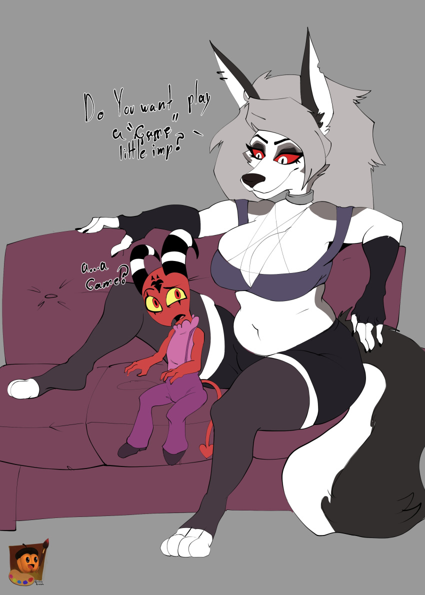 absurd_res age_difference aged_down anthro anthro_on_anthro big_breasts blitzo_(helluva_boss) breasts canid canid_demon claws clothed clothing demon dialogue duo english_text female fluffy fluffy_tail fur furniture grey_body grey_fur grishnax hair hellhound helluva_boss hi_res horn humanoid imp interspecies loona_(helluva_boss) male male/female mammal older_female on_sofa open_mouth red_body red_eyes simple_background sitting sitting_on_sofa smile sofa teeth text thick_thighs tongue white_body white_fur white_hair wide_hips younger_male