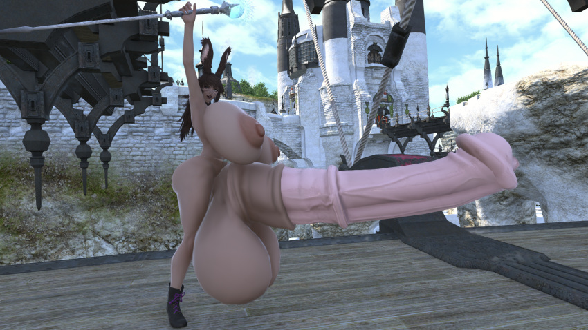 1futa 2022 3d brown_hair brown_skin bunny_ears final_fantasy final_fantasy_xiv gpose(ffxiv) high_heels horsecock huge_breasts hyper hyper_balls hyper_breasts hyper_penis lipstick looking_down puffy_nipples solo standing taller_female tvkidd viera