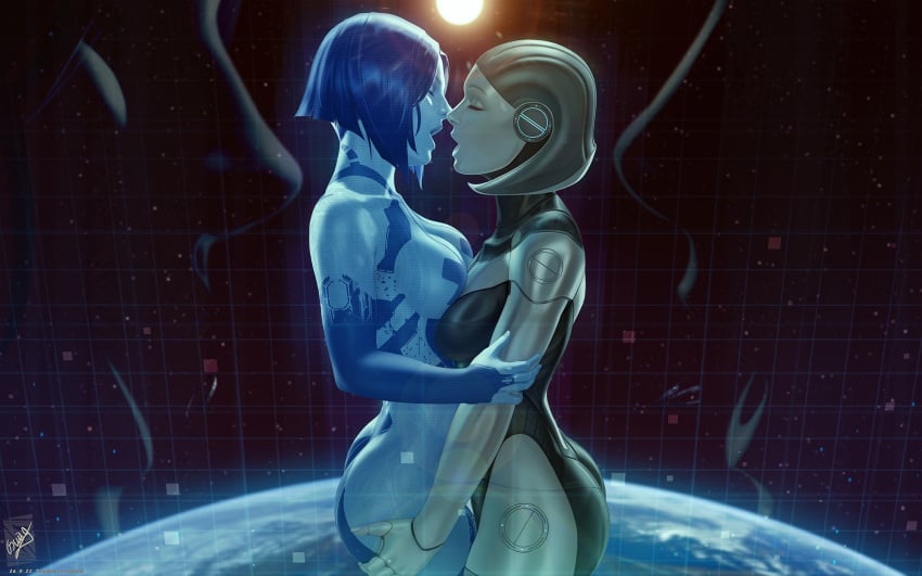 2d 2girls artificial_intelligence ass_grab athletic_female blue_hair blue_skin breast_press breast_squish breasts breasts_to_breasts closed_eyes cortana cortana_v2 edi female female_focus female_only halo_(series) hologram imminent_kiss kissing lesbian_kiss making_out mass_effect mass_effect_3 metallic_body robot robot_girl side_view space themaestronoob yuri