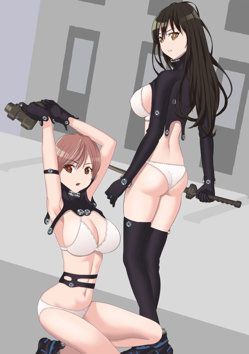 2girls alternate_version_available armband arms_up bad_anatomy big_breasts black_gloves black_hair black_legwear black_thighhighs bodysuit bra brown_eyes brown_hair cleavage crouching female female_only gantz gantz_suit gloves gun katana kei_kishimoto latex long_hair looking_at_viewer looking_back panties reika_shimohira short_hair shrug_(clothing) sideboob standing thighhighs weapon white_bra white_panties