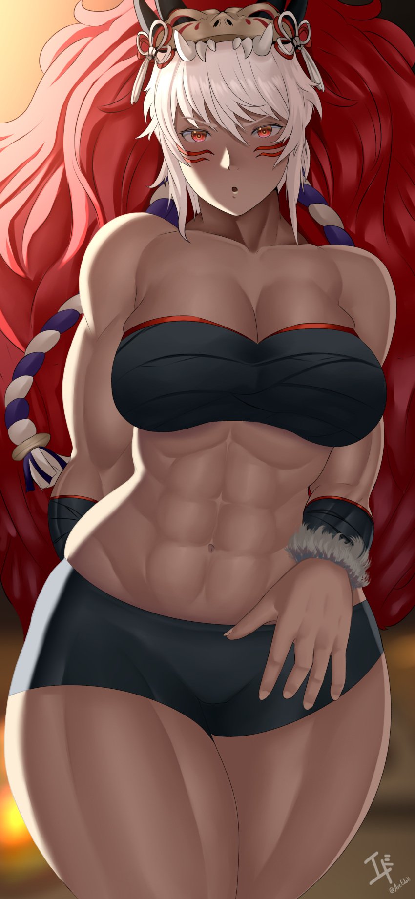 1girls abs alternate_costume arcedo bra breasts cleavage dark-skinned_female dark_skin face_markings fangs female female_only fire_emblem fire_emblem_fates fire_emblem_heroes fur large_breasts looking_at_viewer mask_on_head midriff muscles navel nintendo official_alternate_costume red_eyes rinkah_(fire_emblem) rinkah_(flame)_(fire_emblem) short_hair shorts signature solo thick thick_thighs tight_clothes tomboy white_hair wide_hips