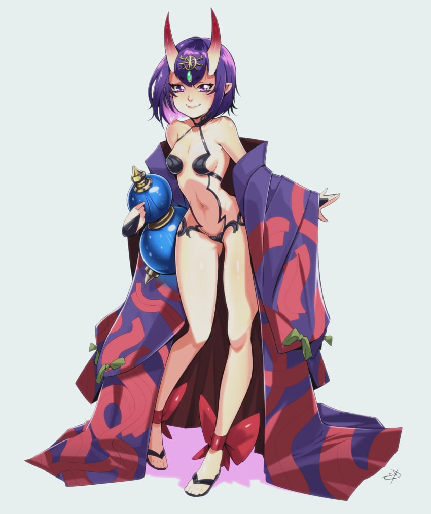 1girls absurdres delux fate/grand_order fate_(series) female female_only forehead_jewel full_body horns japanese_clothes looking_at_viewer medium_hair oni oni_horns pointy_ears purple_eyes purple_hair shuten_douji_(fate) skinny small_breasts smiling smiling_at_viewer solo white_background