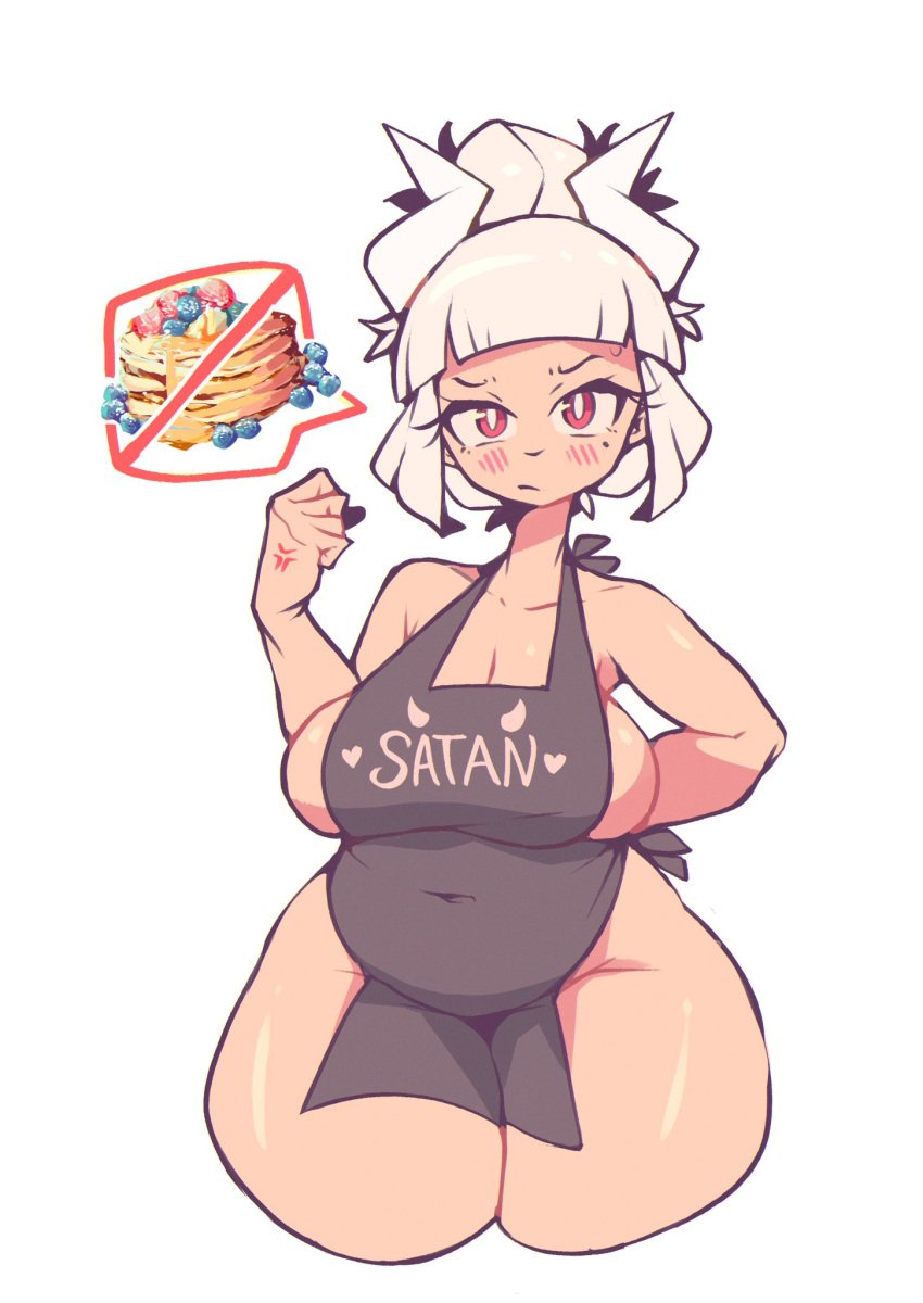 1girls angry apron apron_only big_ass big_breasts blush chubby fat_ass female_only helltaker horn huge_ass huge_butt lucifer_(helltaker) no_clothes no_panties poorsdraws red_eyes slightly_chubby white_hair