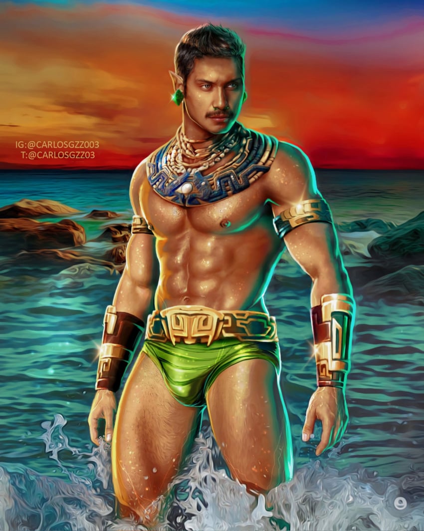 actor beach big_bulge black_panther:_wakanda_forever bulge carlos_gzz celebrity gold huge_bulge in_character latino looking_away male male_only marvel marvel_cinematic_universe melanin mexican_male muscles muscular muscular_male namor native_american_male outdoors outside piercings posing tenoch_huerta water