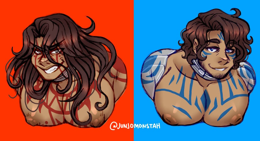 2boys bara breasts brown_hair collar dark-skinned_male human human_only humanoid junjomonstah long_hair long_hair_male male male_only moobs muscular muscular_male scp scp-073 scp-076-2 scp_foundation shoulder_length_hair tattoo tattoos