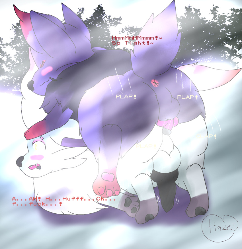 anal anal_sex anal_tugging animal_genitalia animal_penis ass big_butt black_penis canine_penis english_text feral feral_on_feral from_behind_position generation_5_pokemon genitals hand_on_head hazelninetales hi_res hisuian_form hisuian_zorua male male/male motion_lines nintendo penetration penis perching_position pinned plant pokemon pokemon_(species) profanity regional_form_(pokemon) sex snow text tree video_games wide_eyed zorua